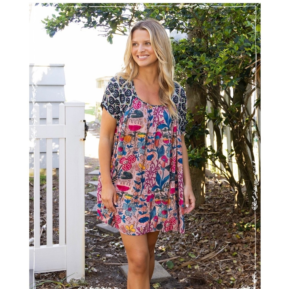 NEW Natural Life Summer Mini Dress Mixed Print Floral Womens Medium Pink Blue